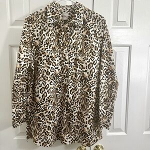 Chico's No Iron Leopard Print Popover Long Sleeve Cotton Blend Tunic Top Size 10